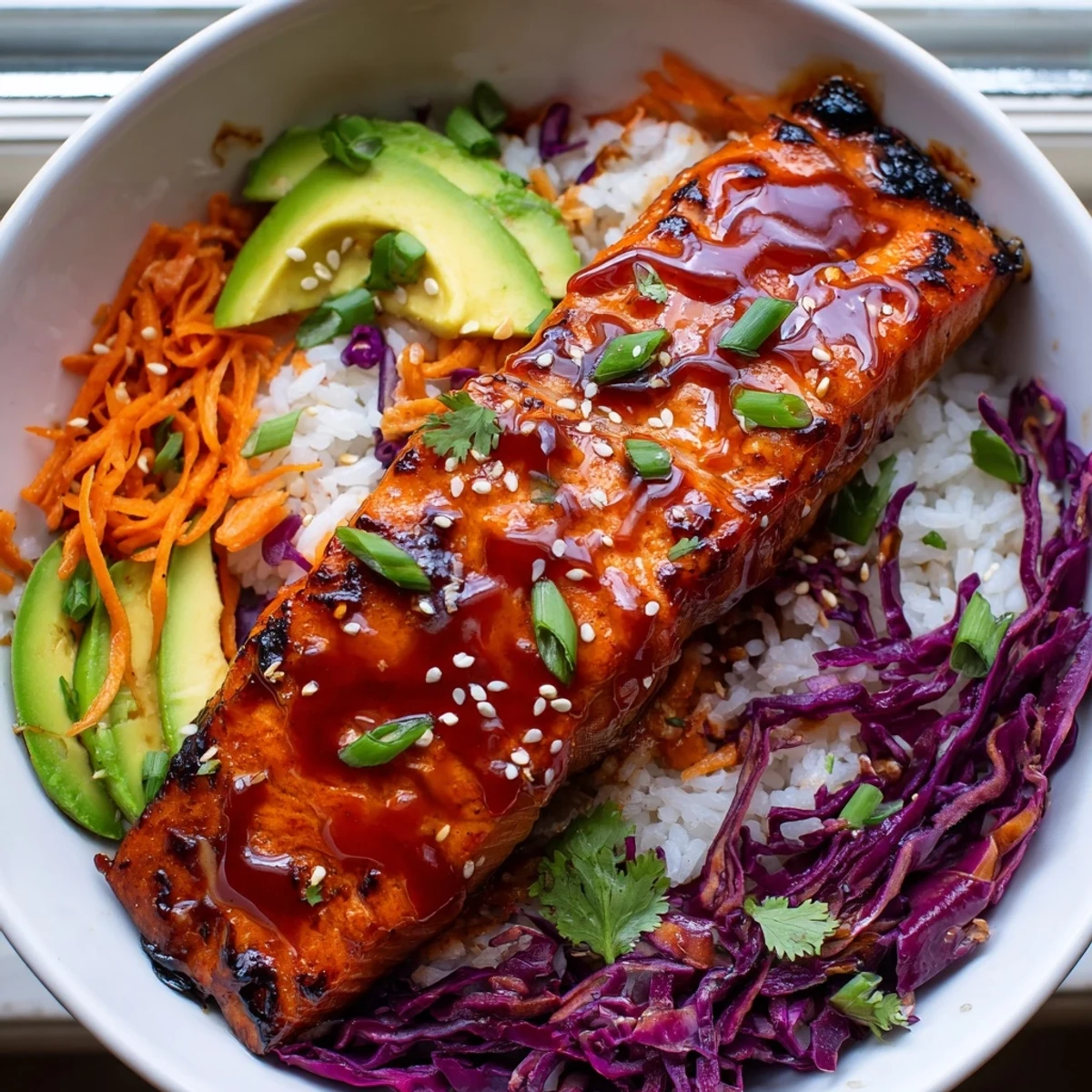 Tender sriracha honey glazed salmon bowls served alongside crisp cabbage, carrots, and lime wedges