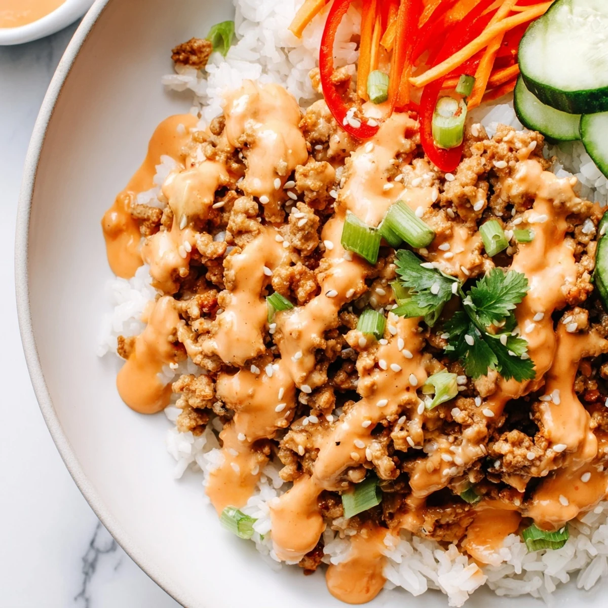 Spicy ground turkey rice bowls drizzled with creamy Bang Bang sauce and crisp vegetables.