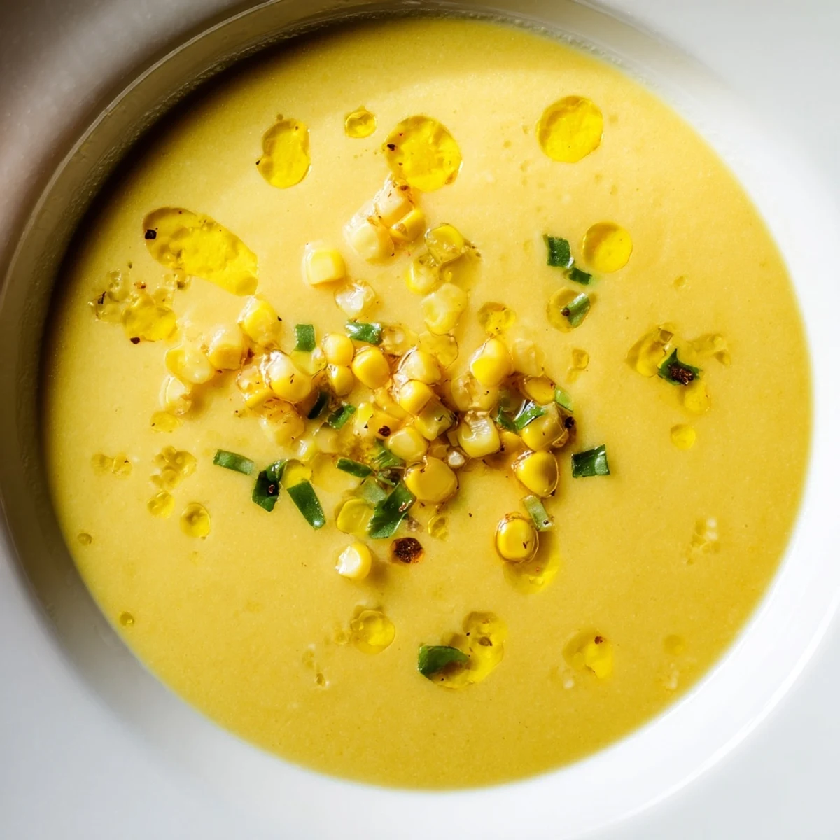 A bowl of golden Summer Sweet Corn Gazpacho topped with fresh basil and corn kernels