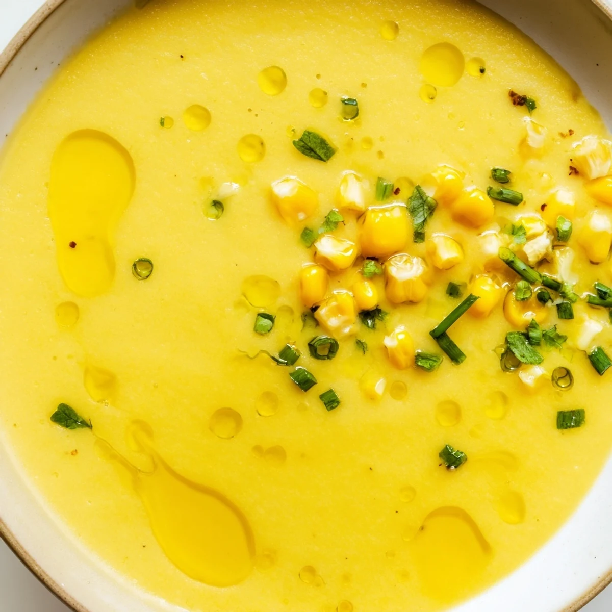 Chilled Summer Sweet Corn Gazpacho poured into a white bowl with a vibrant yellow hue