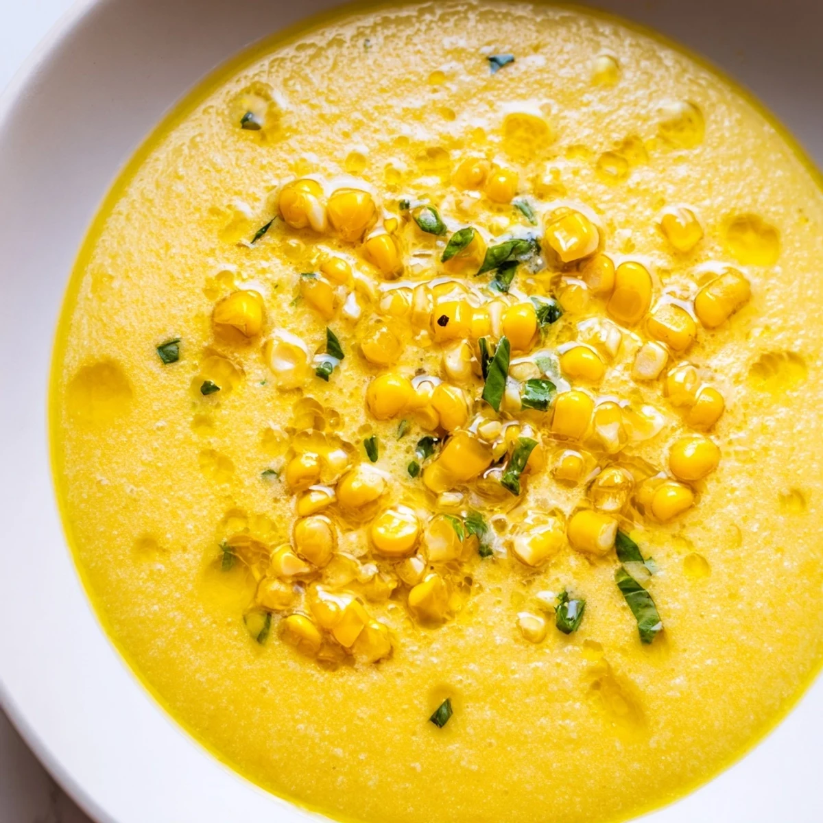 Creamy Summer Sweet Corn Gazpacho garnished with scallions and a drizzle of olive oil