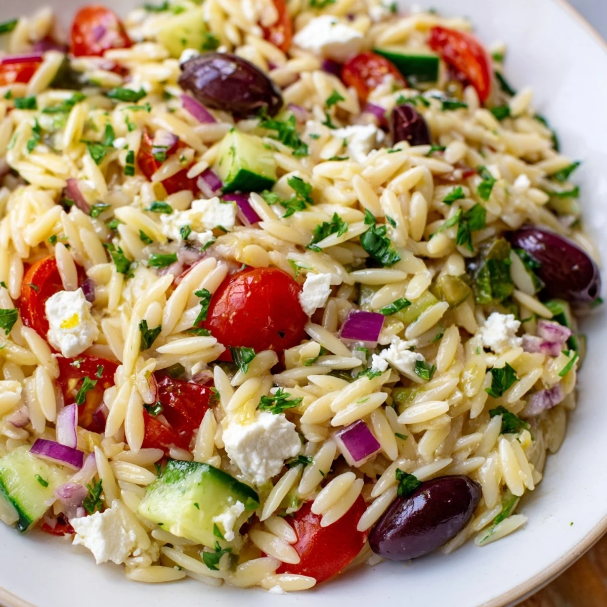 Juicy Mediterranean orzo pasta salad in a bright white serving bowl