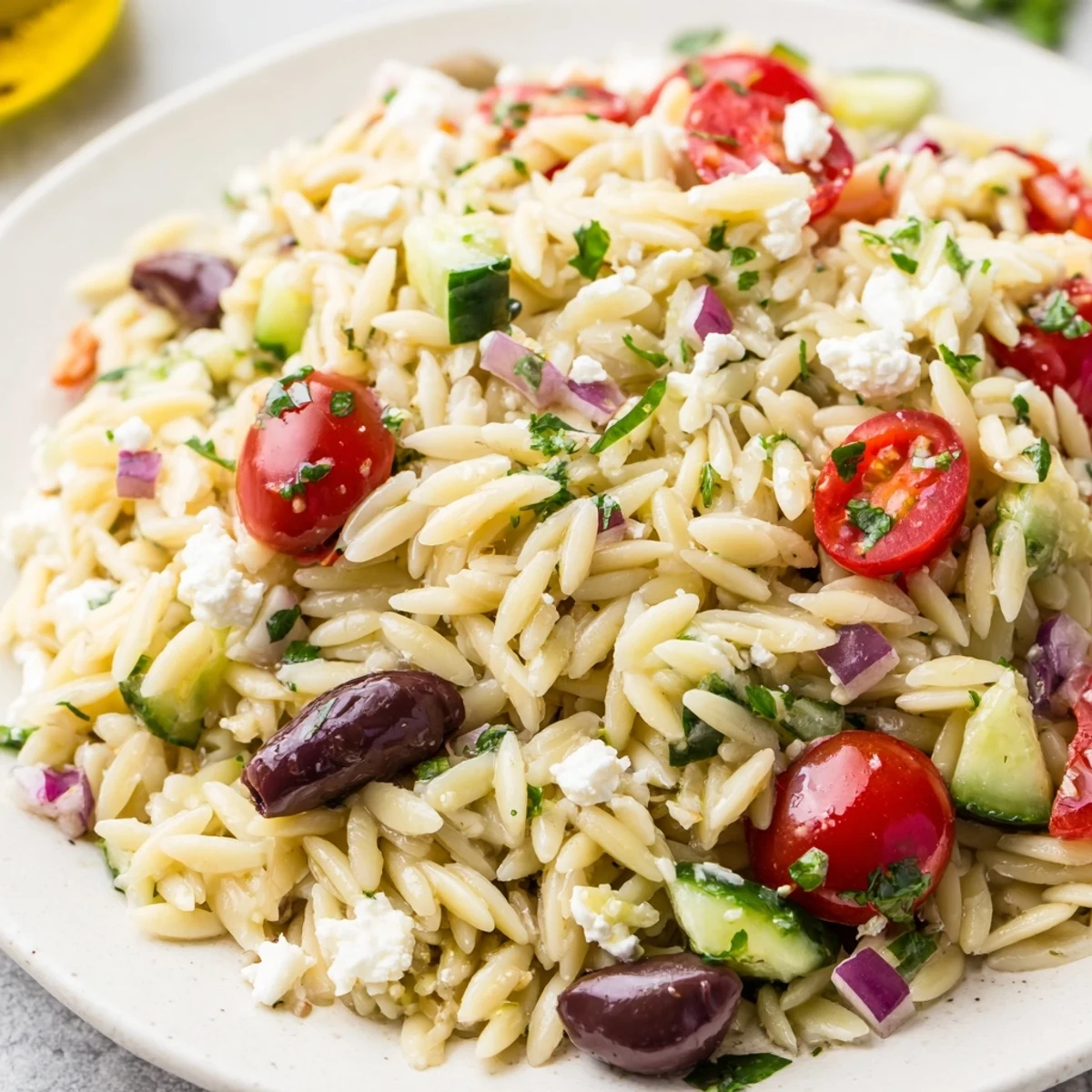 Colorful Mediterranean orzo pasta salad with crumbled feta and ripe tomatoes