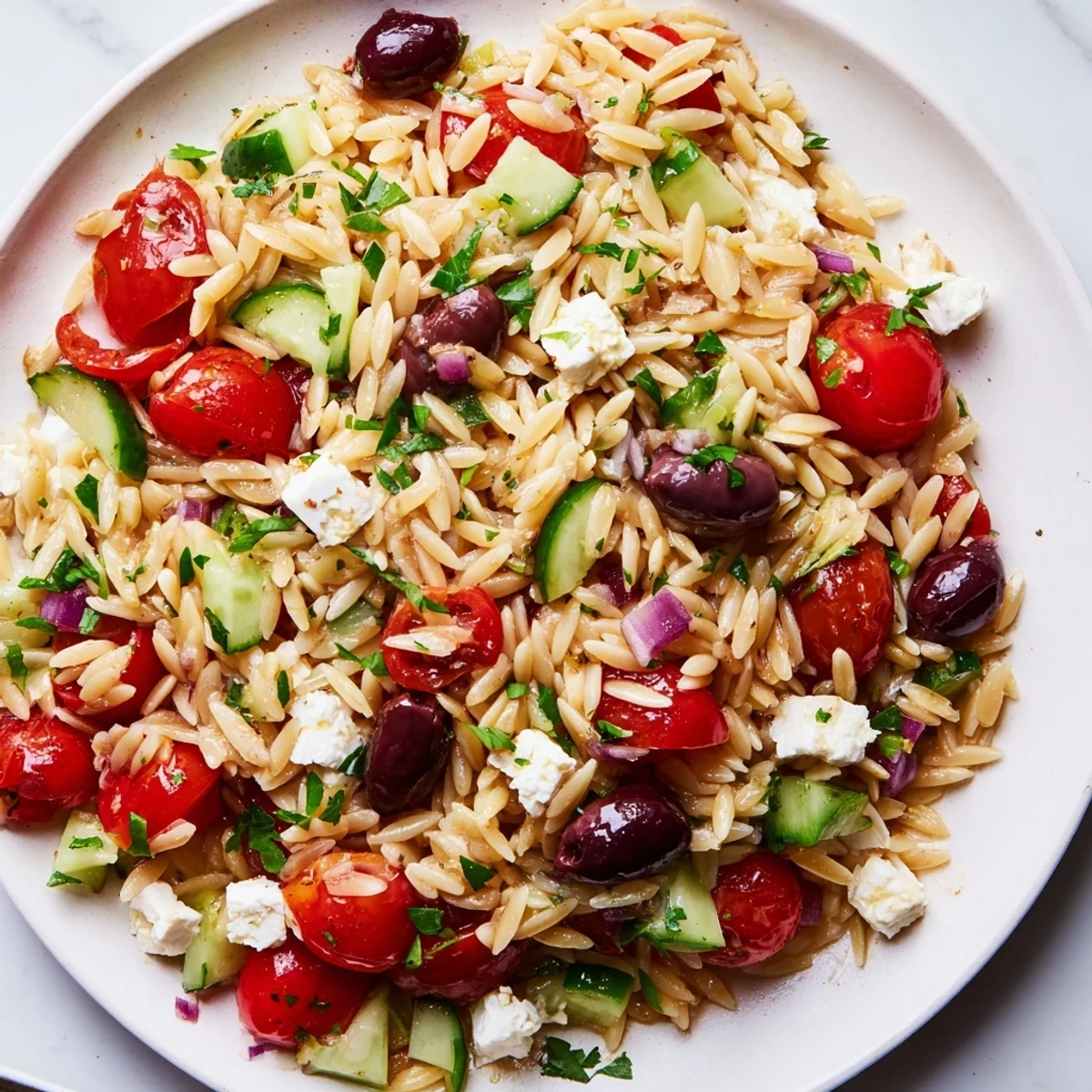 Tossed Mediterranean orzo pasta salad drizzled with herb vinaigrette in sunlight