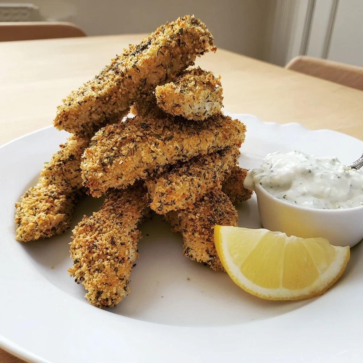 Golden crispy Greek chicken strips with herb-marinated crust served alongside fresh tzatziki dip