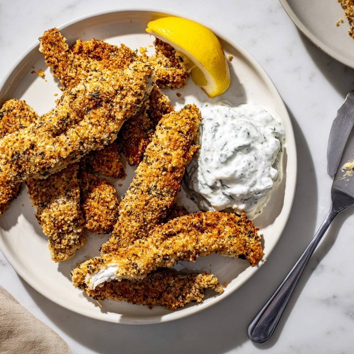 Close-up of crispy Greek chicken strips with golden panko crust alongside lemon wedges and fresh herbs
