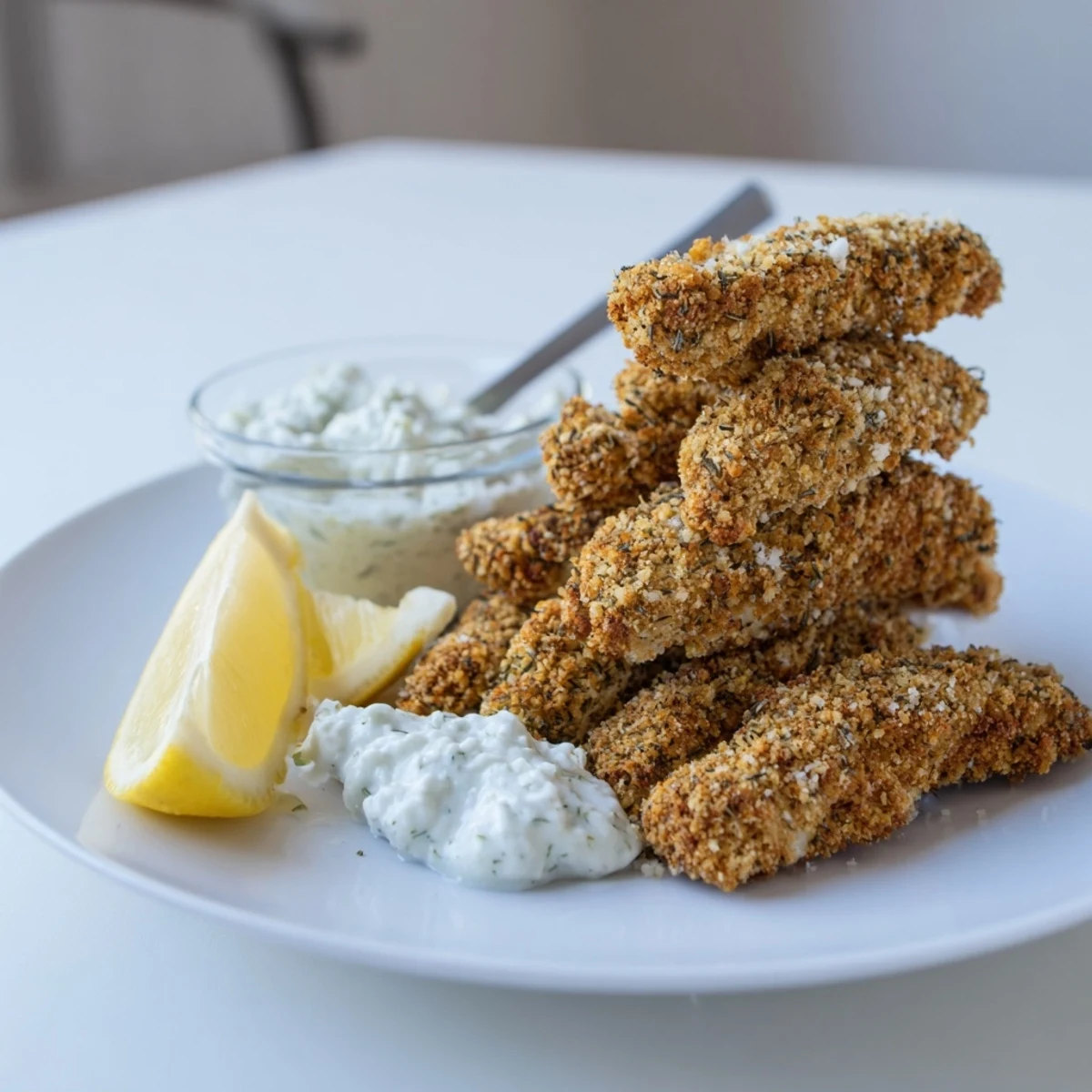 Crispy Greek chicken strips glistening with olive oil on a rustic white serving plate