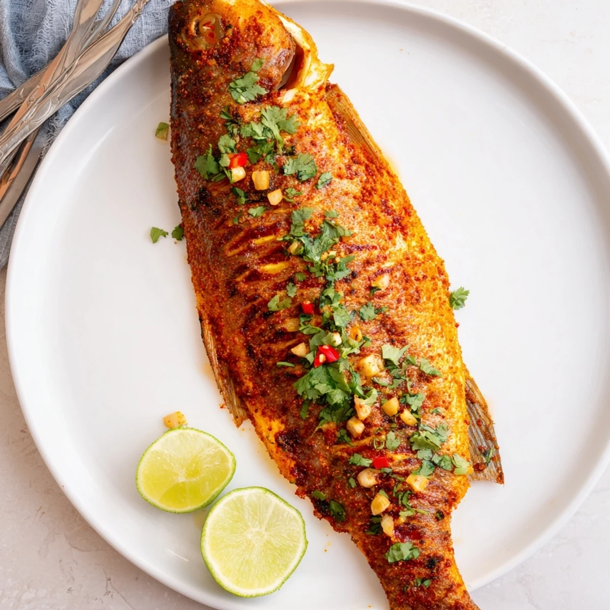 Golden Chili Lime Baked Trout garnished with fresh cilantro and lime wedges on a white platter