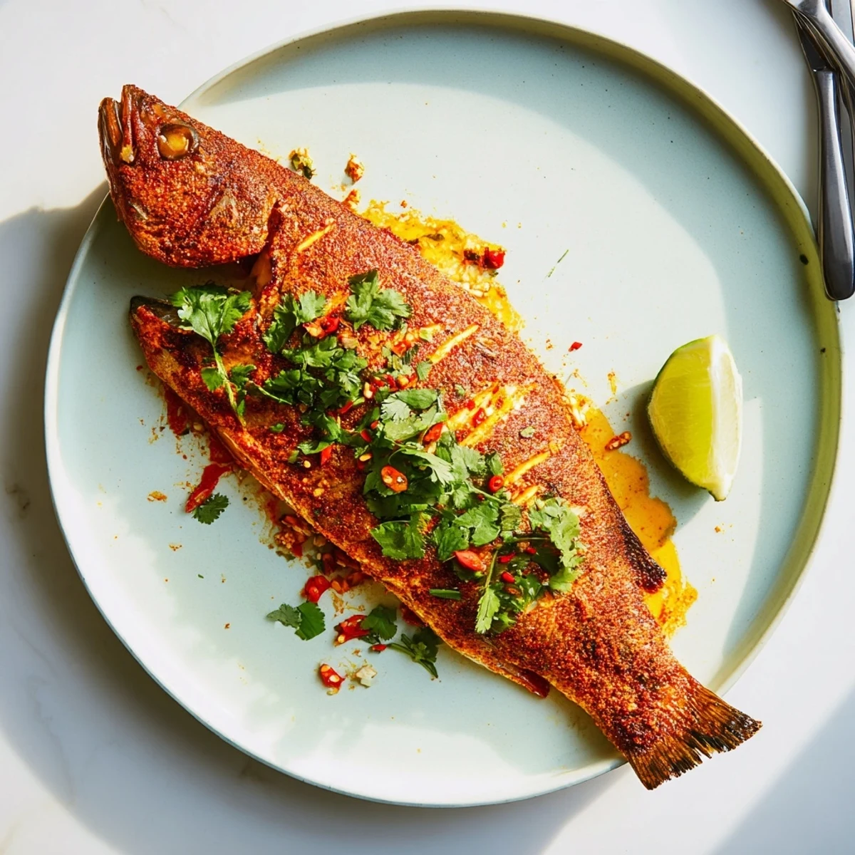 Spicy chili-lime glazed whole trout with crispy skin fresh from the oven on parchment paper