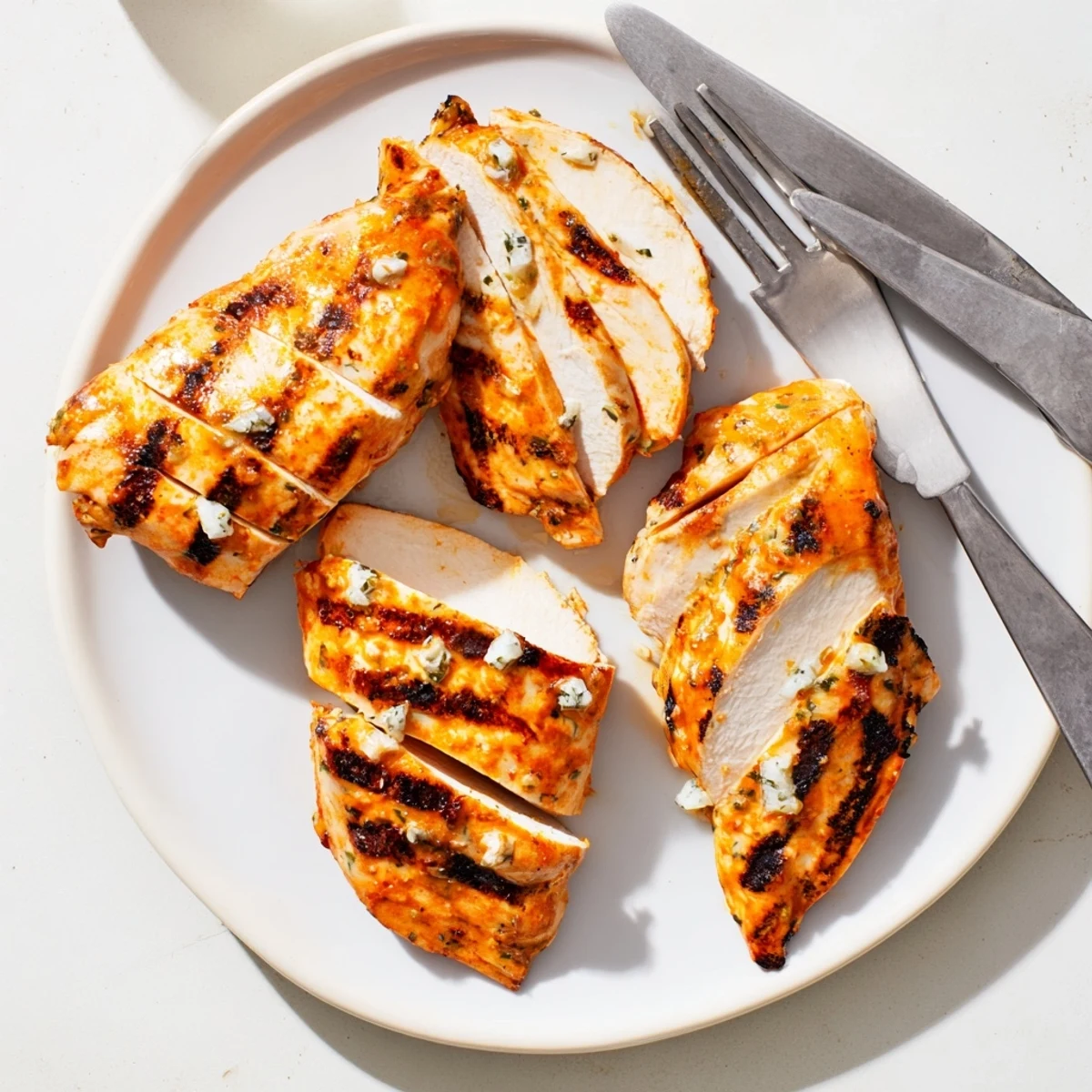 Golden grilled mayo marinated chicken with crosshatch marks on a rustic plate
