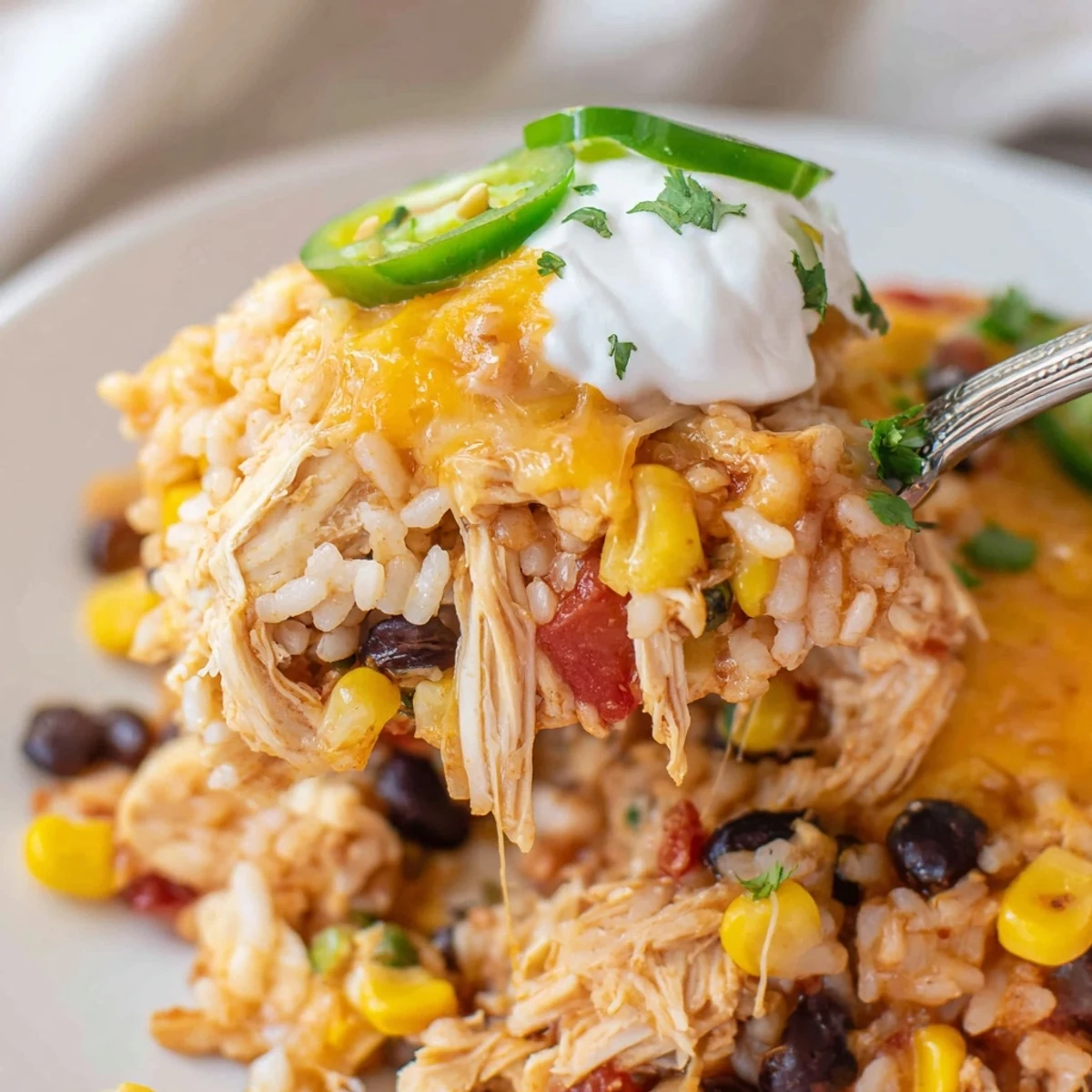 Golden cheesy chicken burrito casserole fresh from the oven with bubbling melted cheese