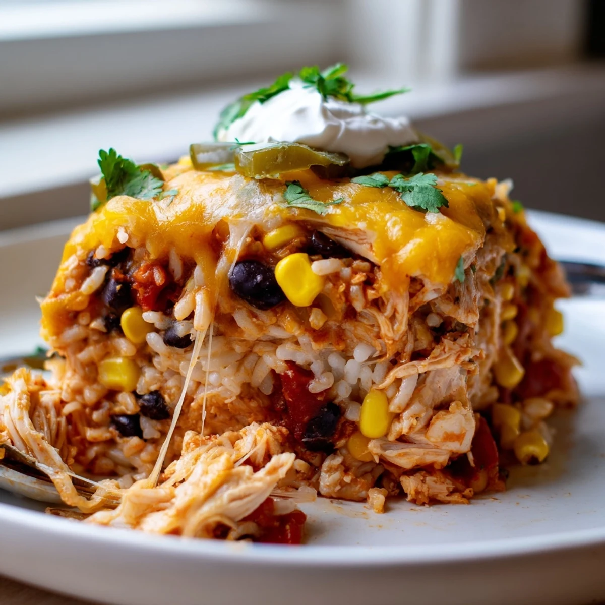 Hearty chicken burrito casserole with tender shredded chicken black beans and gooey cheese