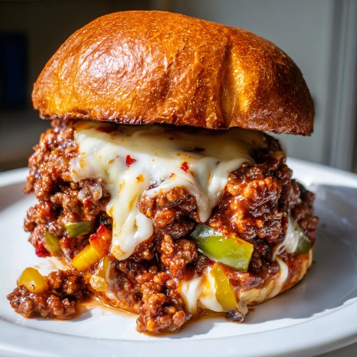 Golden brioche buns piled high with cheesy Philly Sloppy Joes dripping melted provolone