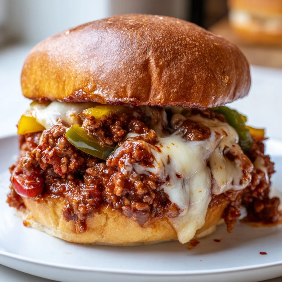 Cheesy Philly Sloppy Joes served open-faced on toasted buns with gooey cheese
