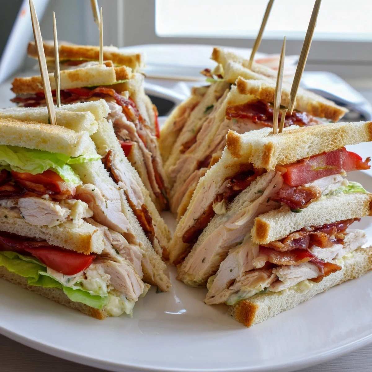 Classic club sandwich with crispy bacon, roasted chicken, and fresh lettuce on toasted bread