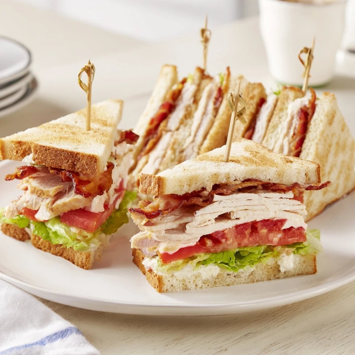 Triple layered club sandwich cut into triangles showing juicy tomatoes and creamy mayonnaise