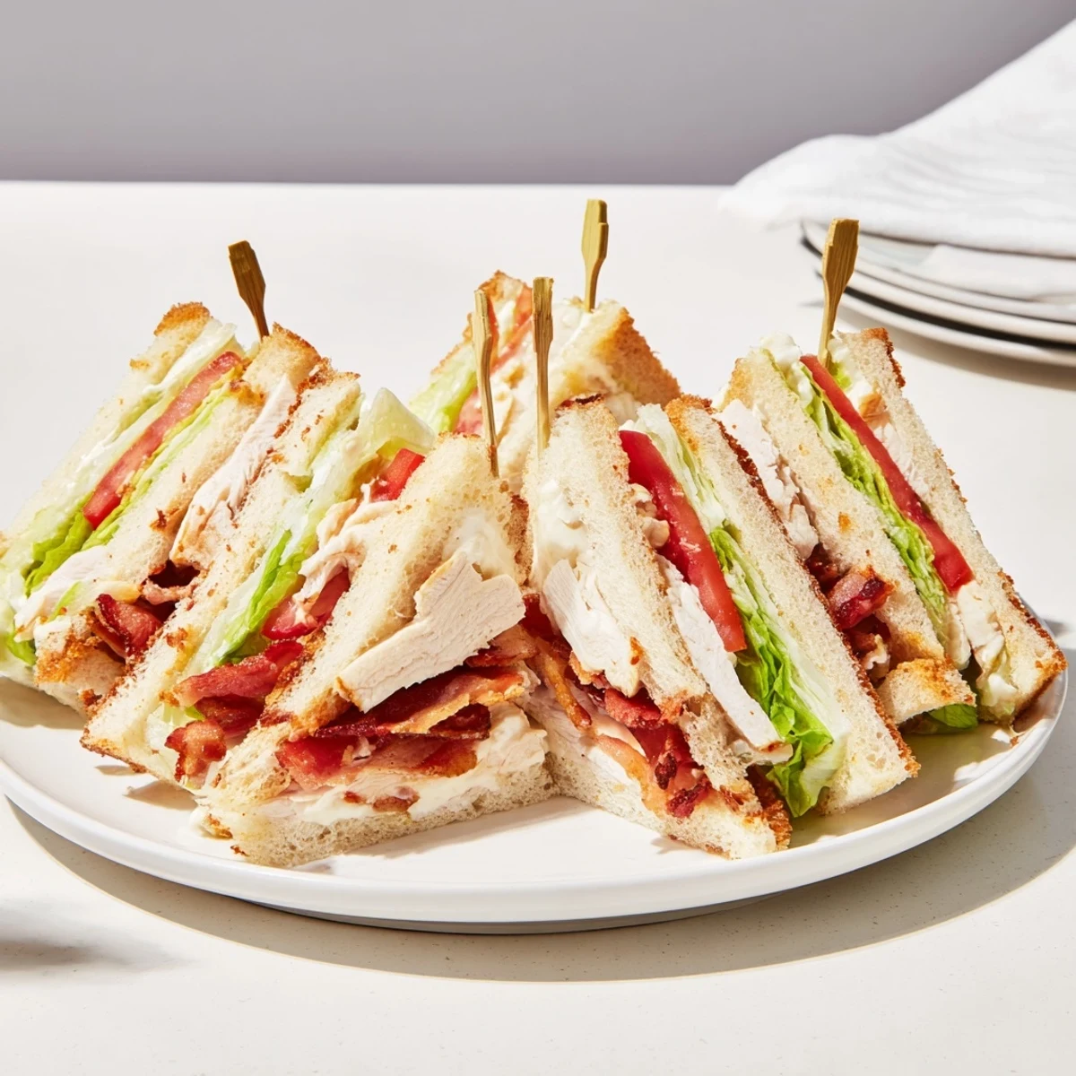 Club sandwich stacked high with golden bacon, sliced chicken, and crisp iceberg lettuce