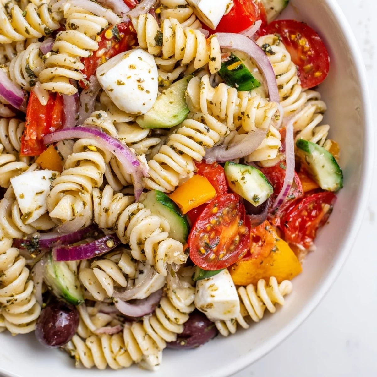 Colorful vegetarian Italian pasta salad tossed with fresh vegetables, olives, and mozzarella in a zesty vinaigrette