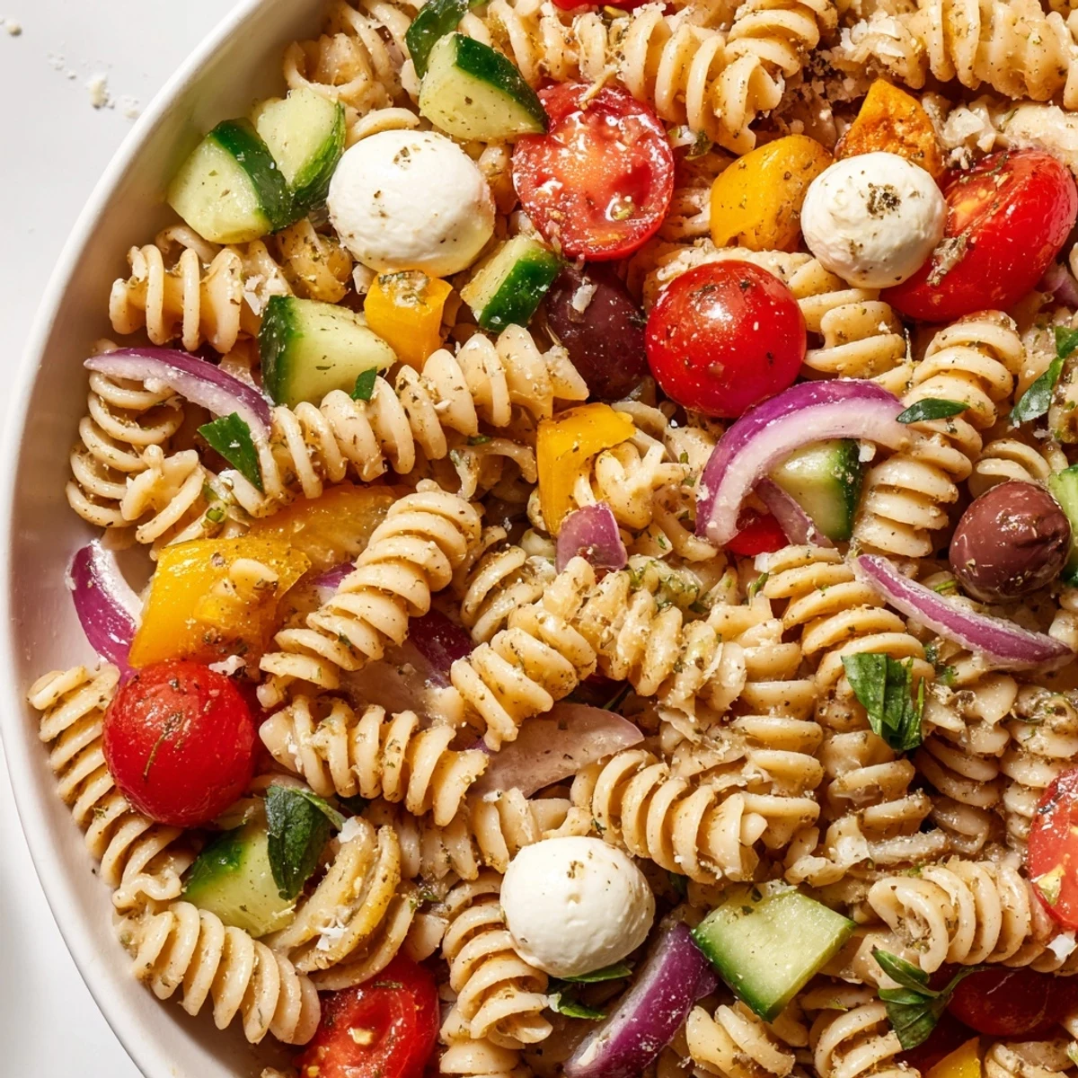 Chilled Italian pasta salad loaded with cherry tomatoes, bell peppers, and tender fusilli drizzled with herb dressing