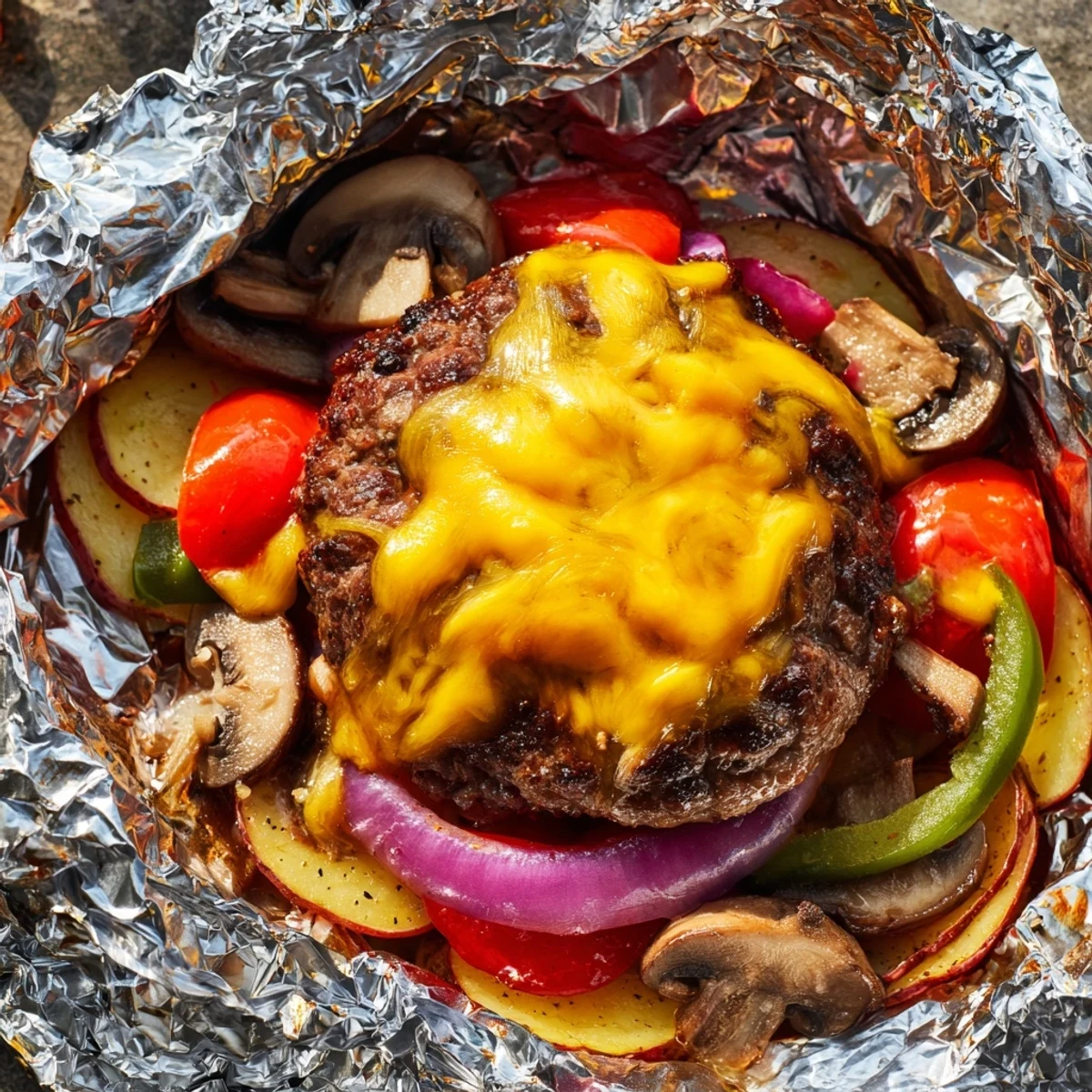 Golden campfire cheeseburger hobo packets with melted cheddar and tender seasoned vegetables
