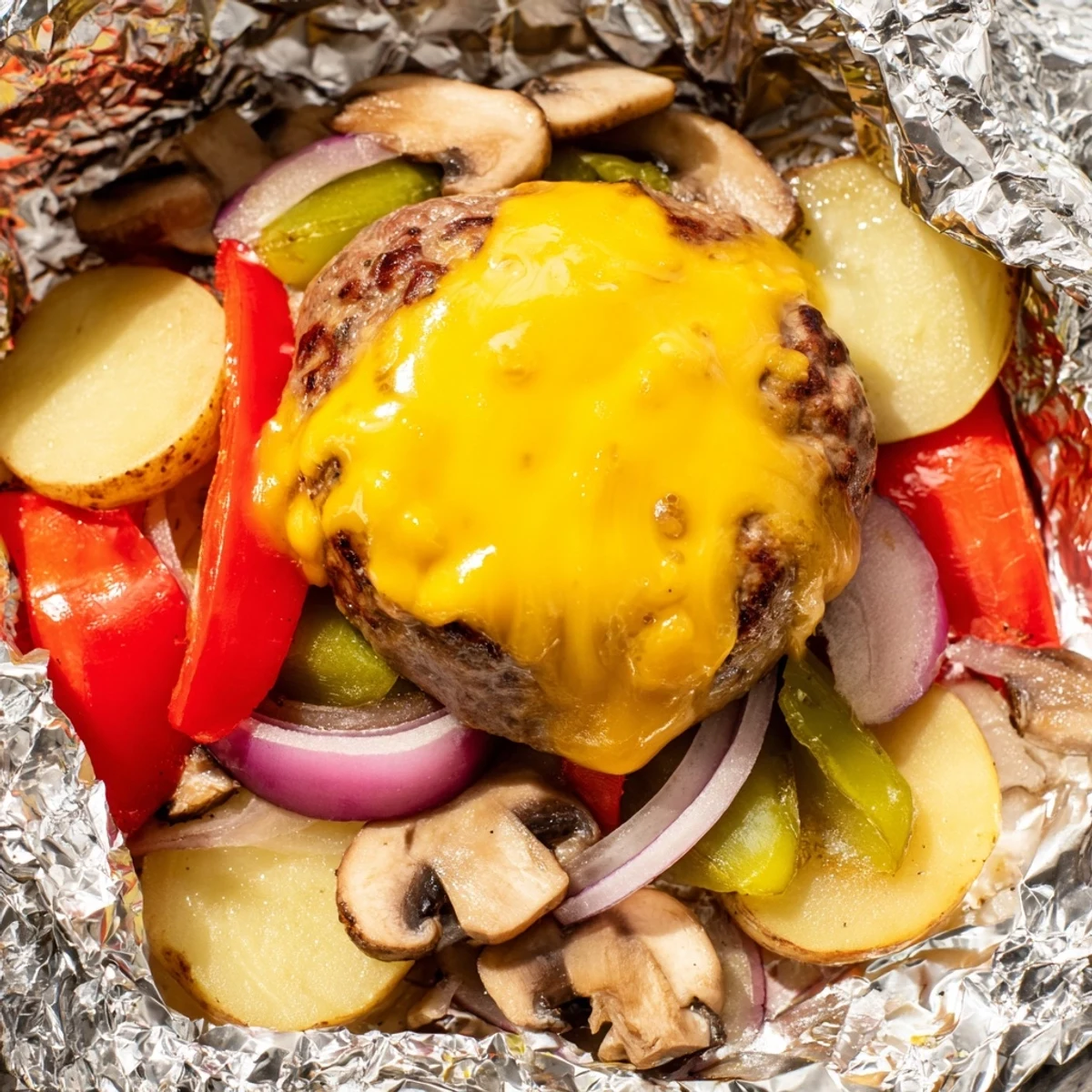 Smoky campfire cheeseburger hobo packets topped with melted cheese and savory grilled vegetables