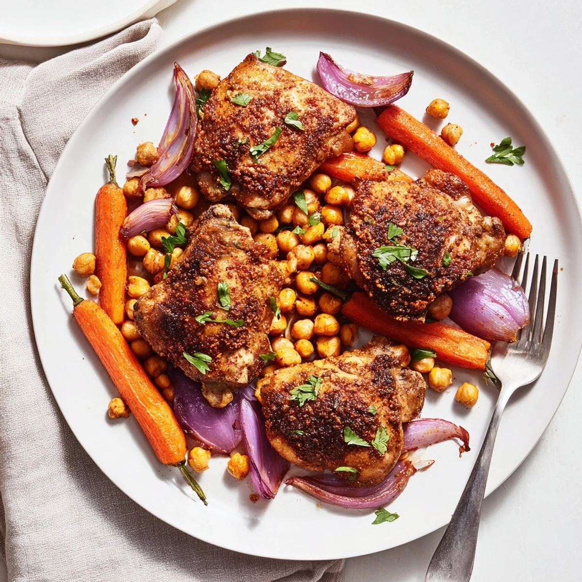 Tender sumac chicken thighs nestled beside caramelized carrots and hearty chickpeas