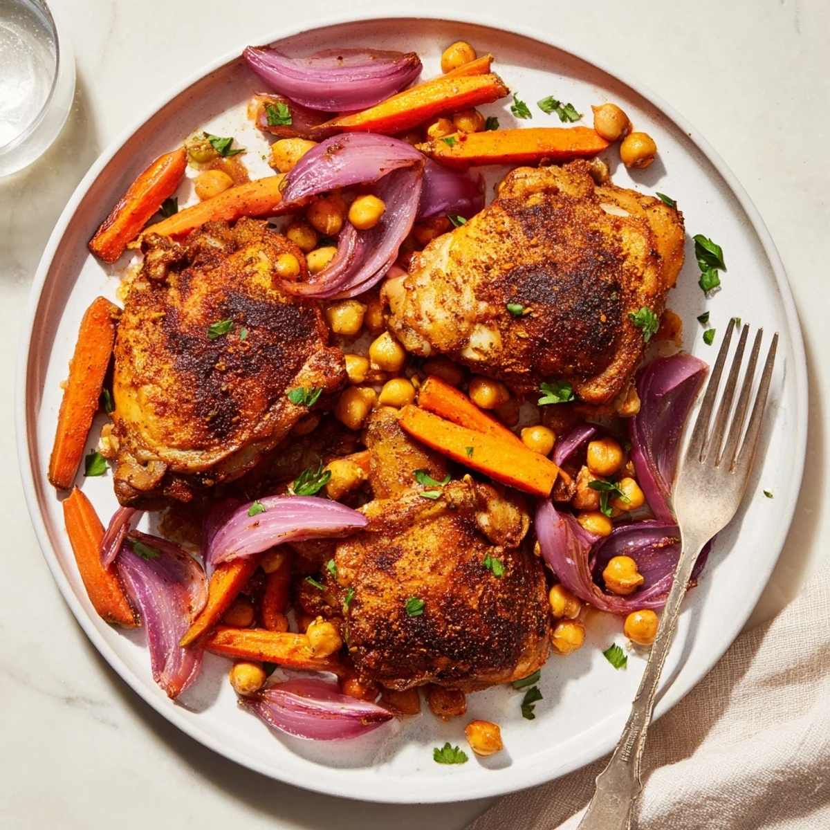 Golden sumac chicken with roasted carrots and chickpeas on a rustic baking sheet