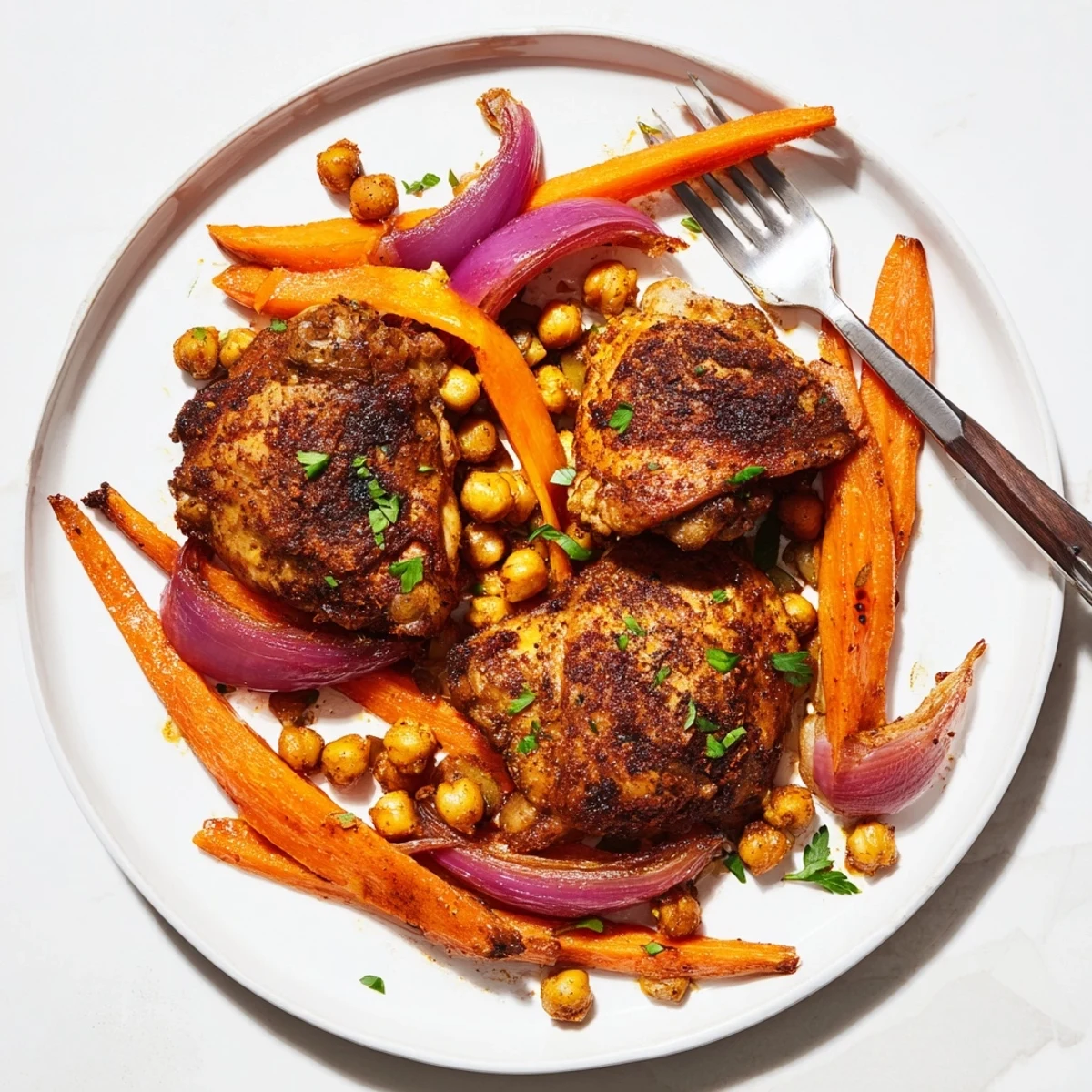 Juicy sumac chicken with carrots and chickpeas garnished with fresh chopped parsley