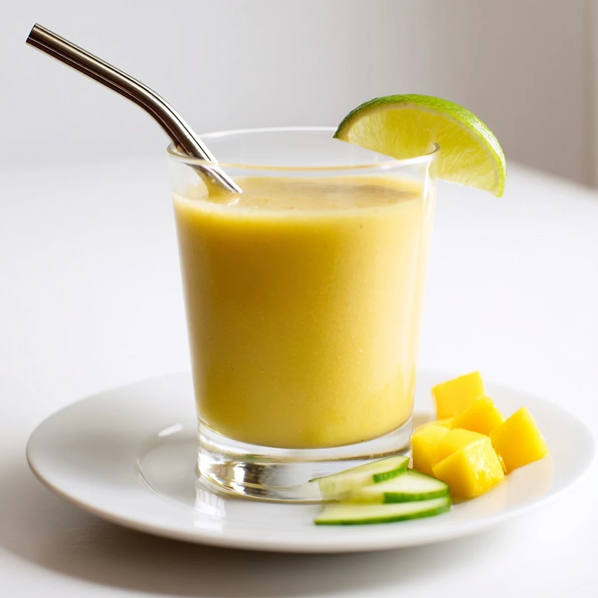 Creamy mango cucumber smoothie poured into a glass with fresh lime wedges nearby