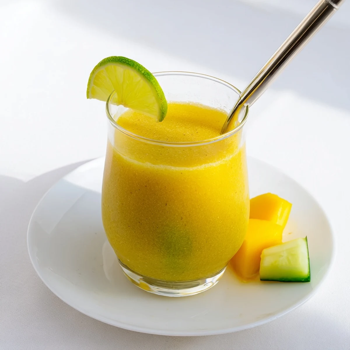 Tropical mango cucumber smoothie garnished with mint leaves in a tall clear glass