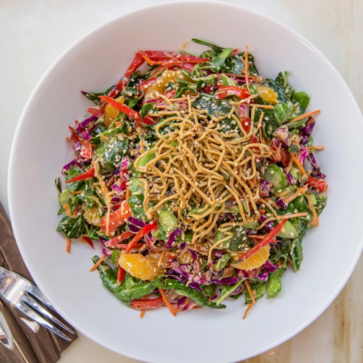 Colorful Mandarin Sesame Crunch Salad tossed in tangy ginger sesame dressing