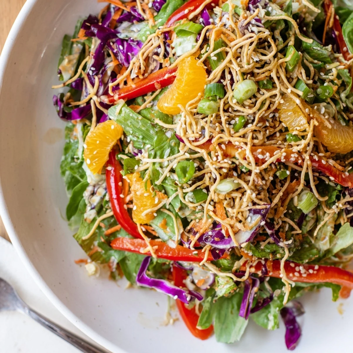 Crisp Mandarin Sesame Crunch Salad topped with crunchy noodles and sweet mandarin segments