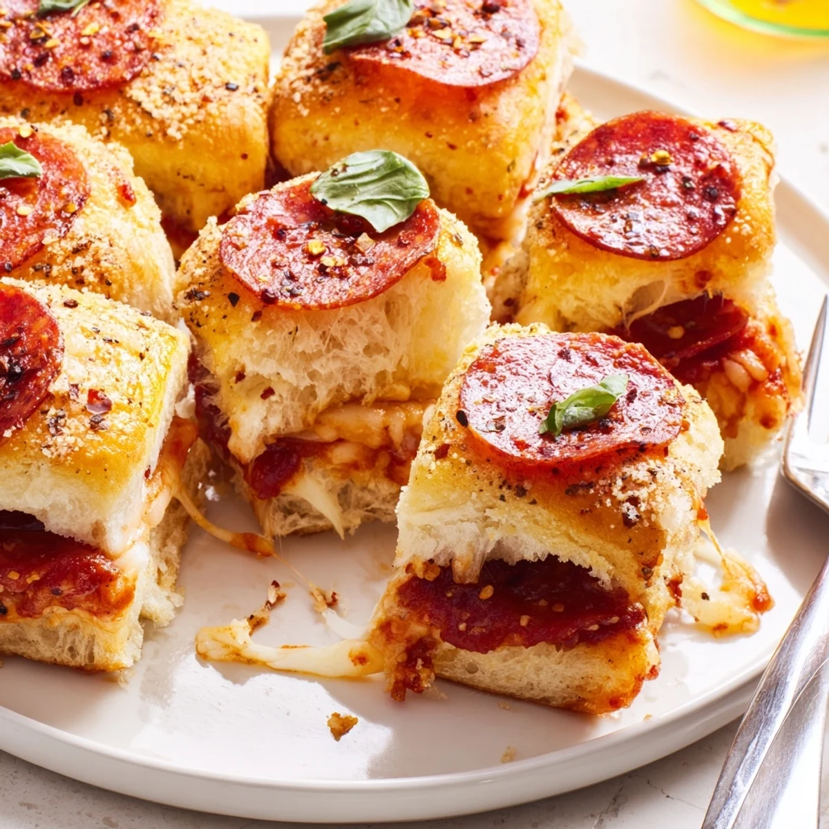 Crispy-topped hot honey pepperoni pizza sliders oozing with melted cheese and tangy sauce
