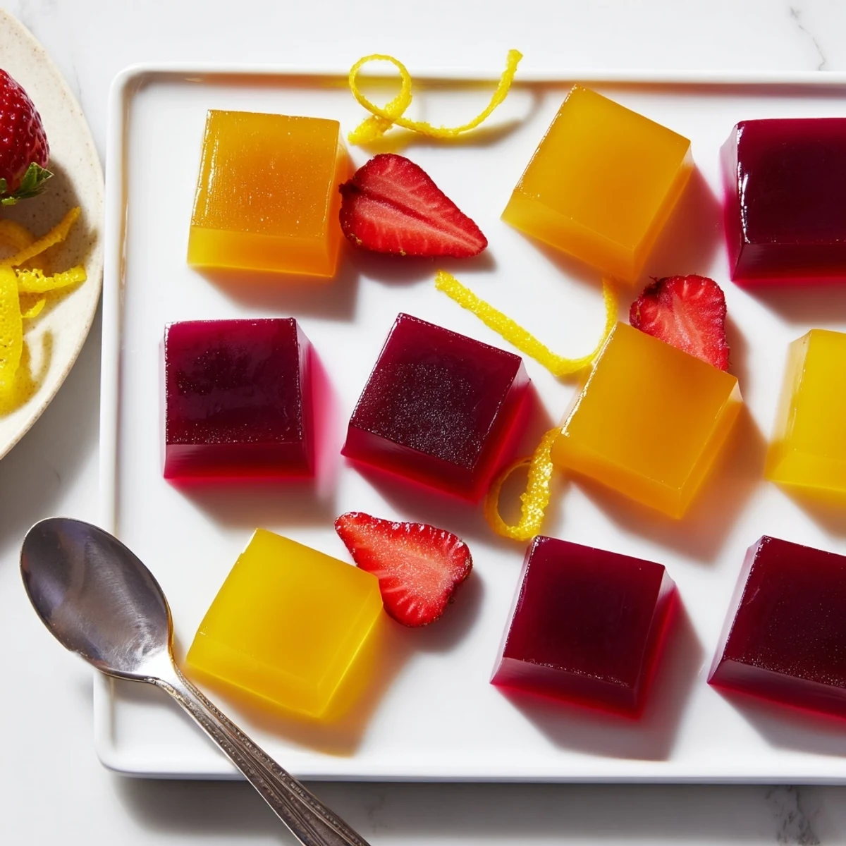 Glossy collagen fruit jellies in vibrant molds dotted with fresh berries