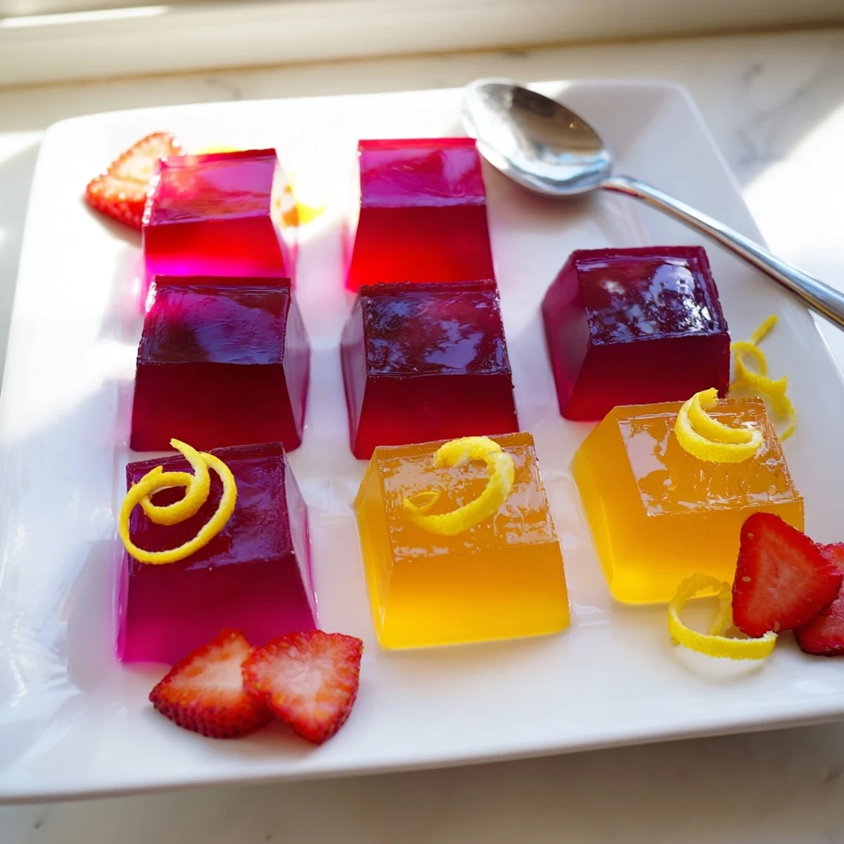 Translucent collagen fruit jellies glistening with citrus zest and berry garnish