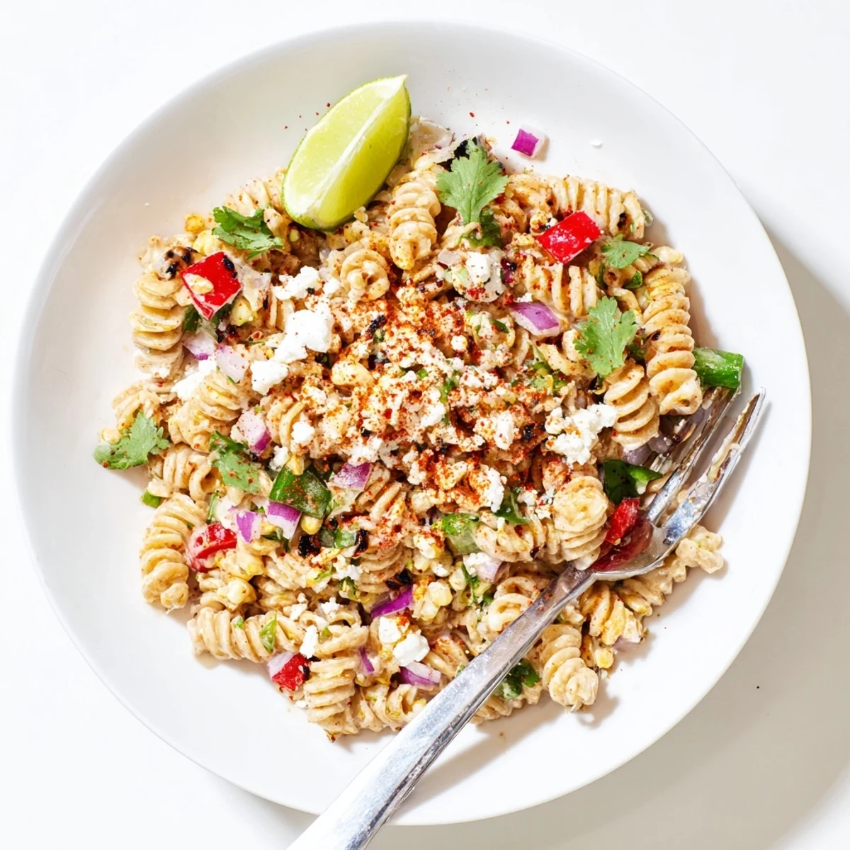 Creamy Elote Street Corn Pasta Salad topped with crumbled Cotija cheese and fresh cilantro