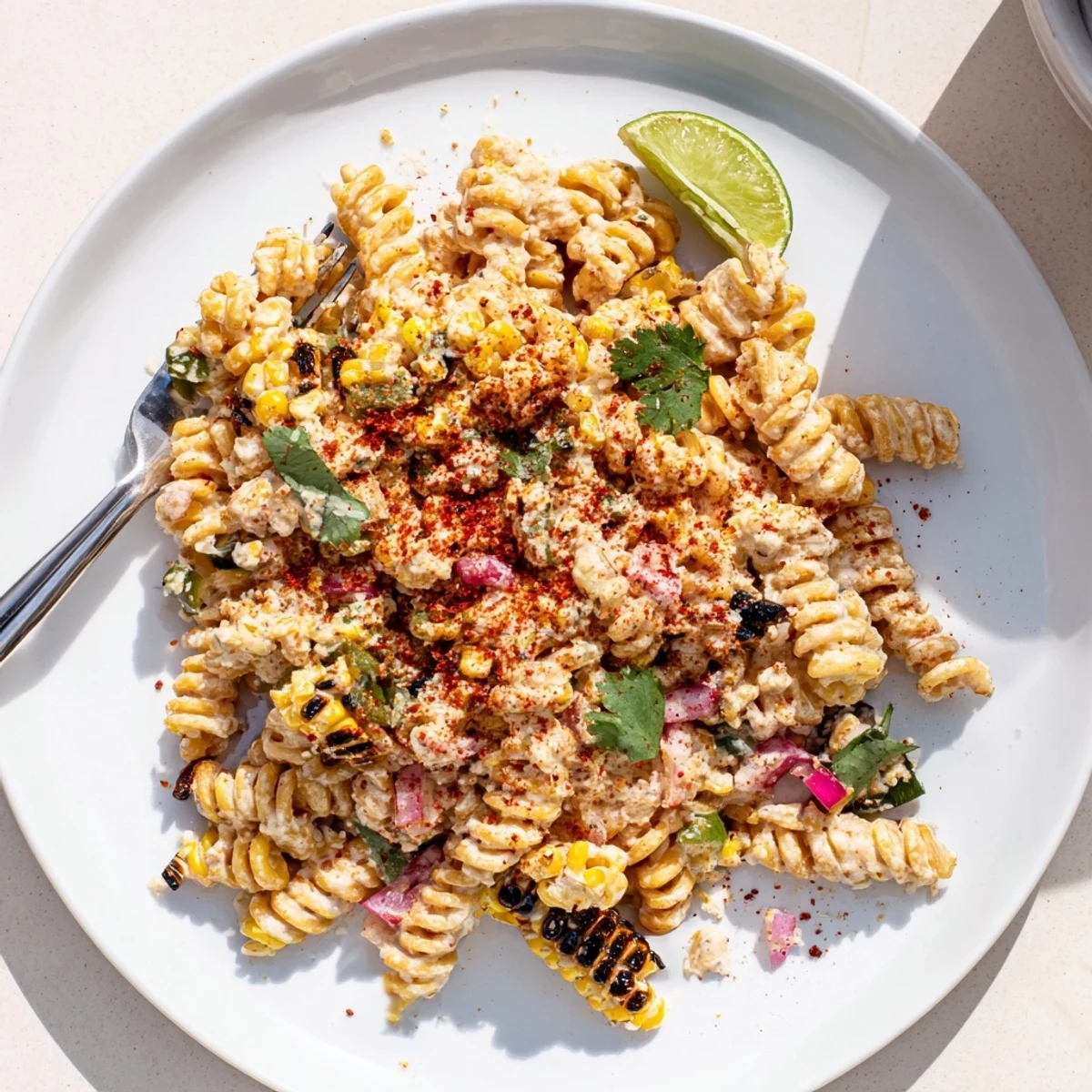 Charred golden corn and tender rotini tossed in a zesty chili-lime dressing in this Elote Street Corn Pasta Salad