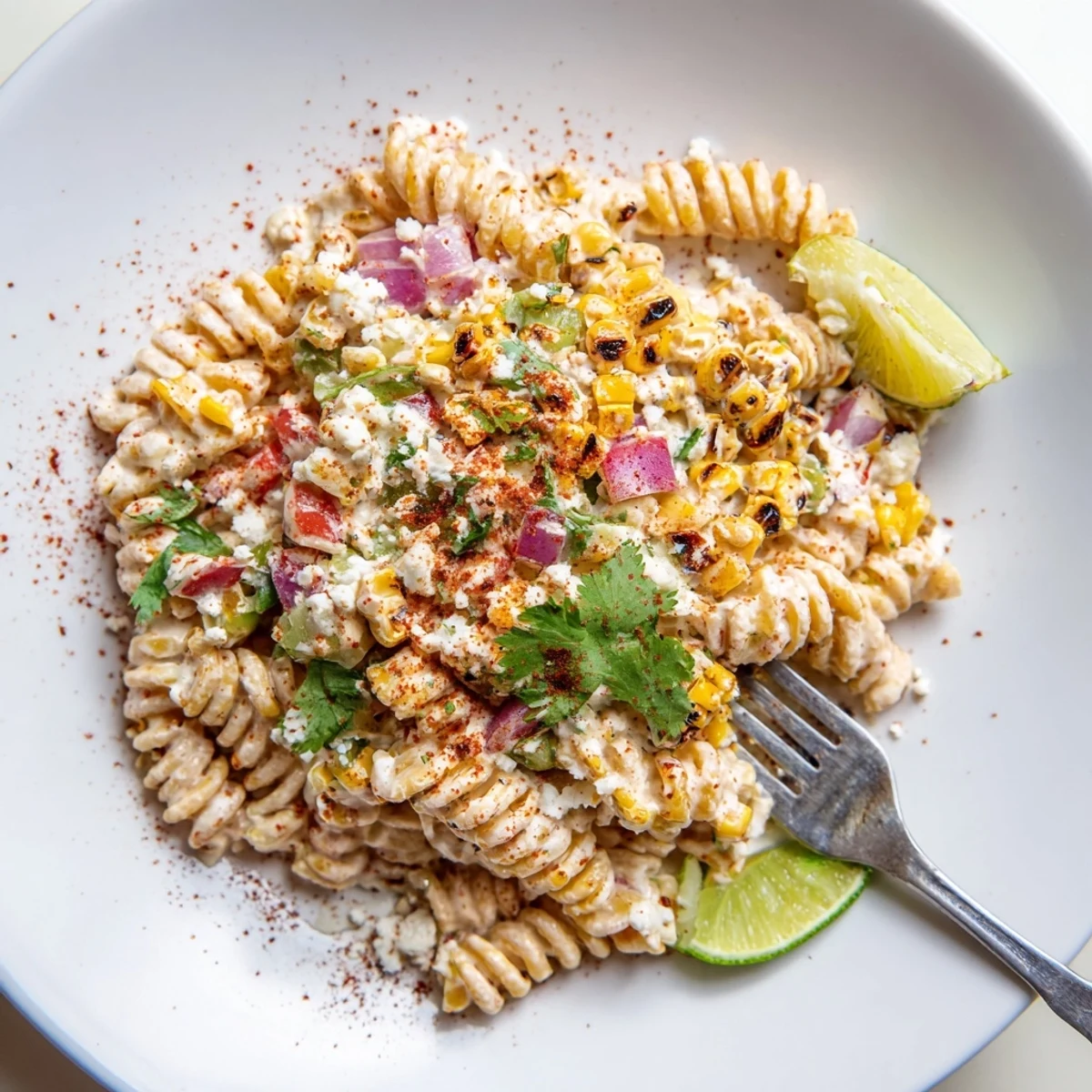 Vibrant Elote Street Corn Pasta Salad served in a rustic bowl with lime wedges and a Tajín garnish