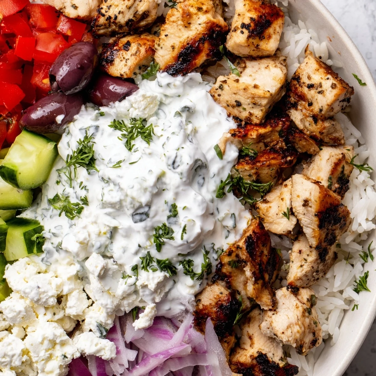 Juicy grilled Greek chicken bowls loaded with fresh veggies and creamy tzatziki sauce