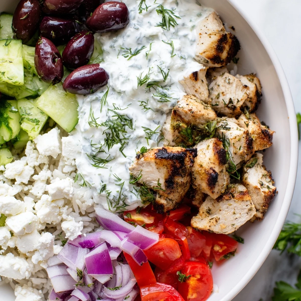 Tender herb-marinated Greek chicken bowls drizzled with cool tzatziki over a bed of rice