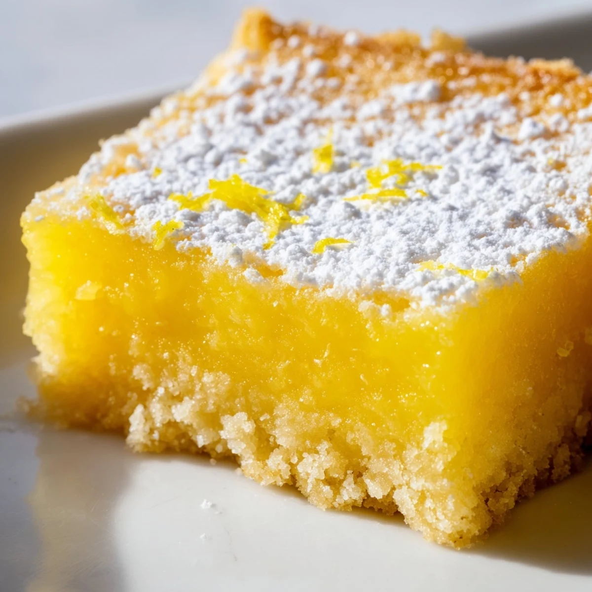Golden simple lemon bars dusted with powdered sugar on a rustic cutting board
