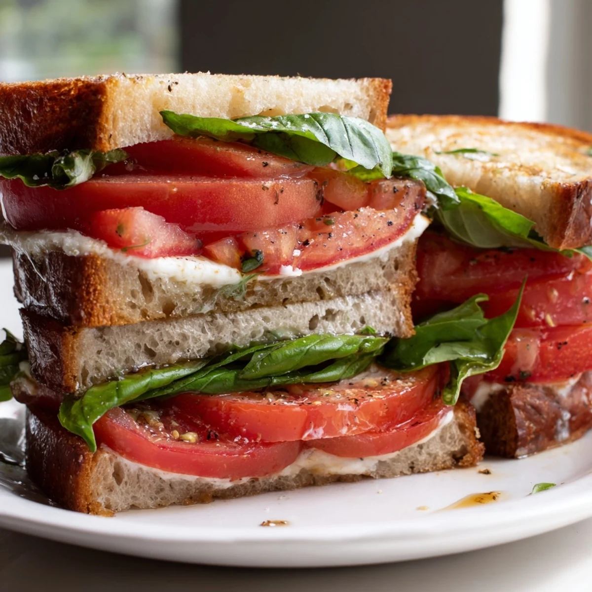 Crispy toasted tomato sandwich layered with juicy red slices and fresh basil leaves