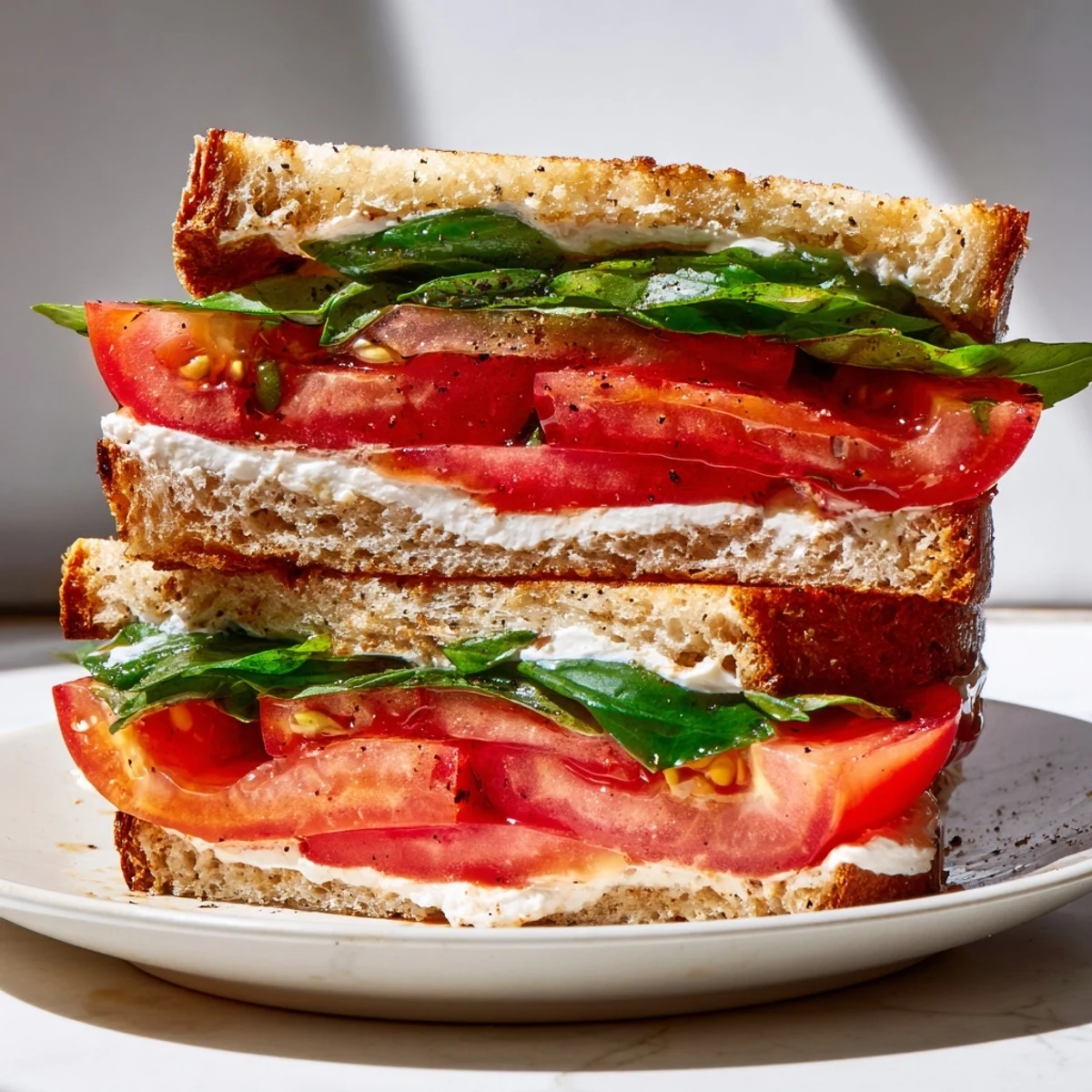 Ripe beefsteak tomatoes glisten atop an open-faced tomato sandwich with cracked pepper