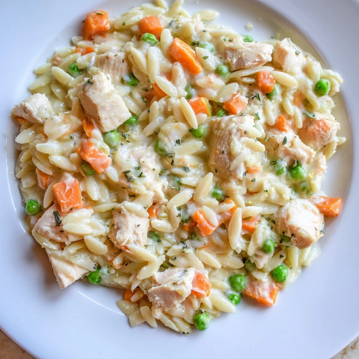 Creamy chicken pot pie orzo steaming in a rustic bowl with golden tender chicken pieces