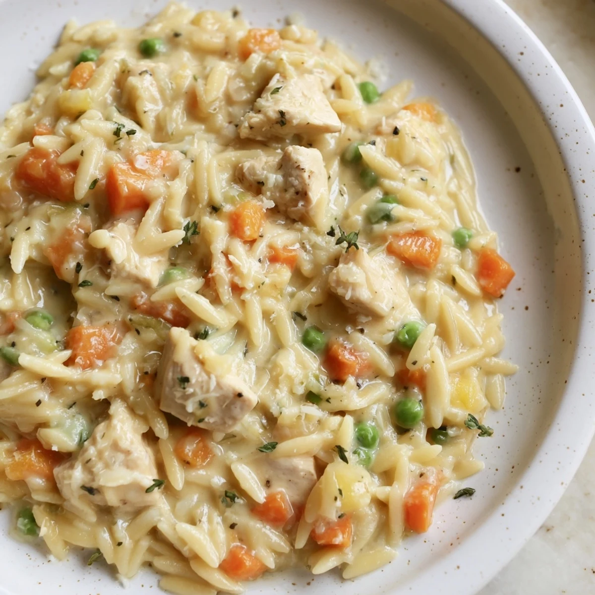 A heaping spoonful of creamy chicken pot pie orzo garnished with fresh parsley and Parmesan