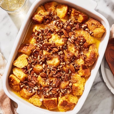 Warm French Toast Casserole bubbles with cinnamon and vanilla from a 9x13 baking dish.