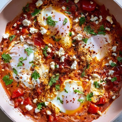 Freshly cracked eggs poached in a vibrant red sauce for a hearty Quick Shakshuka Eggs meal.