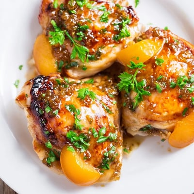 Golden-brown Classic Apricot Chicken breasts in a rich apricot glaze, served hot on a plate with colorful steamed vegetables.