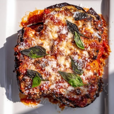 Steaming Charred Aubergine Parmigiana served in a baking dish, paired with fresh basil and a side of crusty bread.