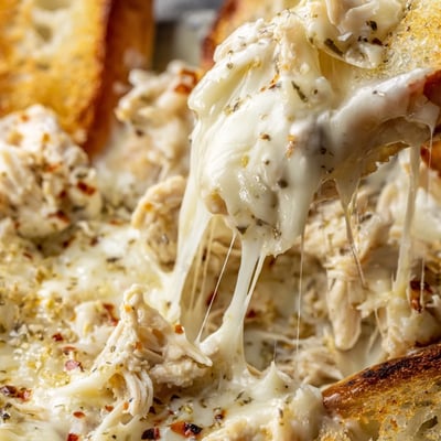 A close-up view of Viral Chicken Alfredo Garlic Bread shows creamy chicken Alfredo layered on buttery bread.